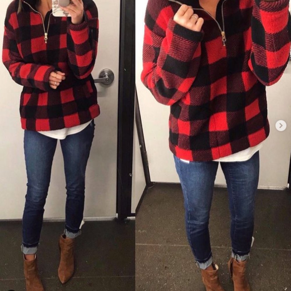 Buffalo Plaid Half-Zip Sherpa Pullover